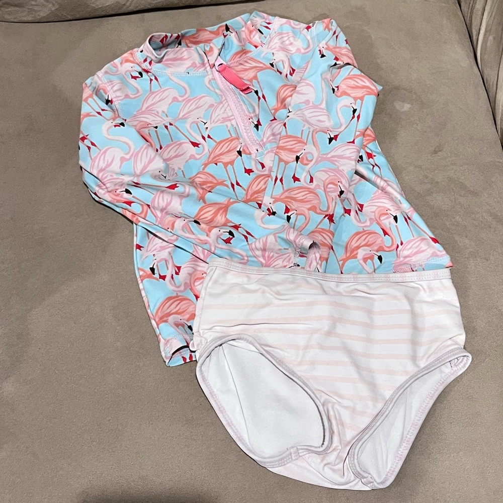 RuffleButts Toddler Girls Long Sleeve Rash Guard 2 Piece Swimsuit Set